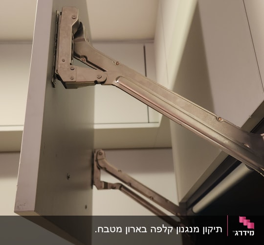 מנגנון פתיחה של ארון מטבח עם צירים מתכתיים